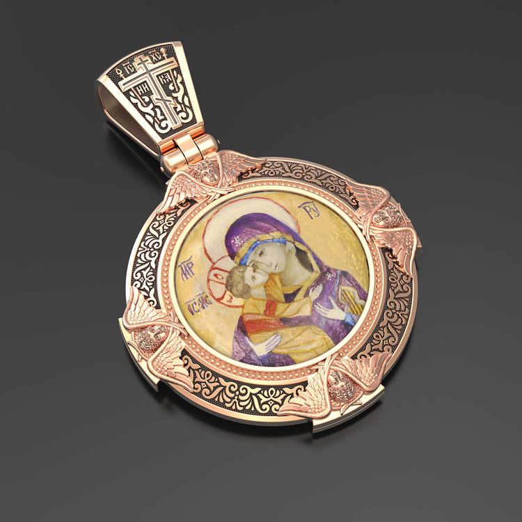 Образок из золота c эмаль , иконописью и темперой