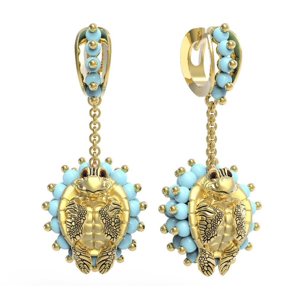 Серьги из лимонного золота c эмаль и бирюзой