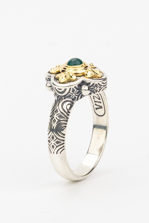 Кольцо из серебра и золота c хризопразом и рубином