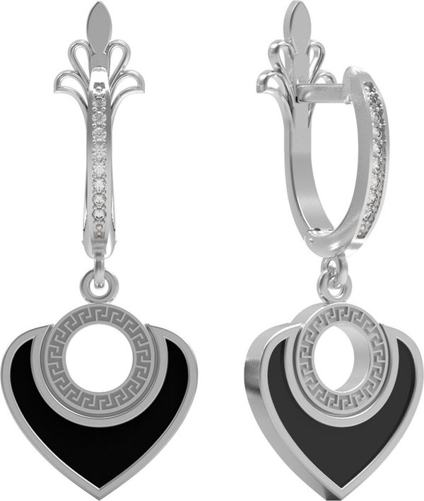 Серьги из белого золота c фианитом и ониксом