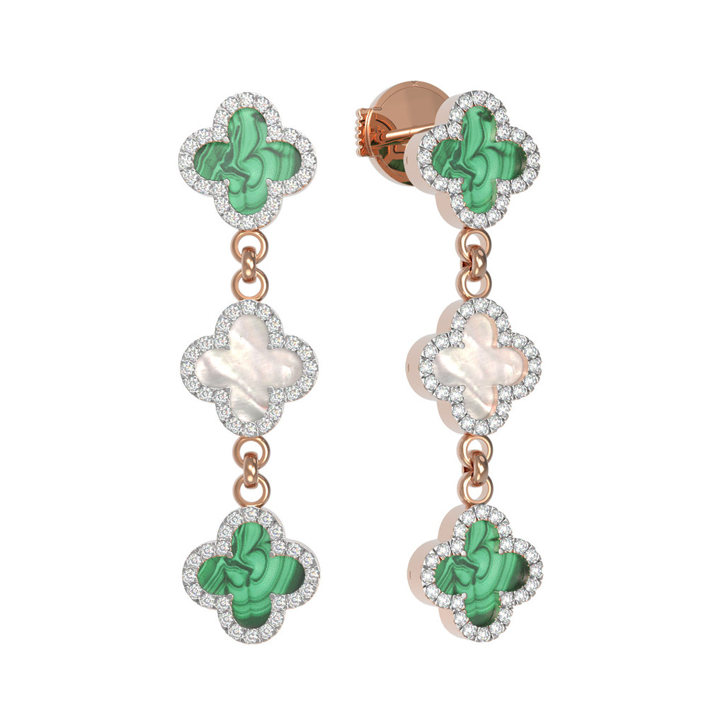 Серьги из золота c бриллиантами, малахитом и перламутром