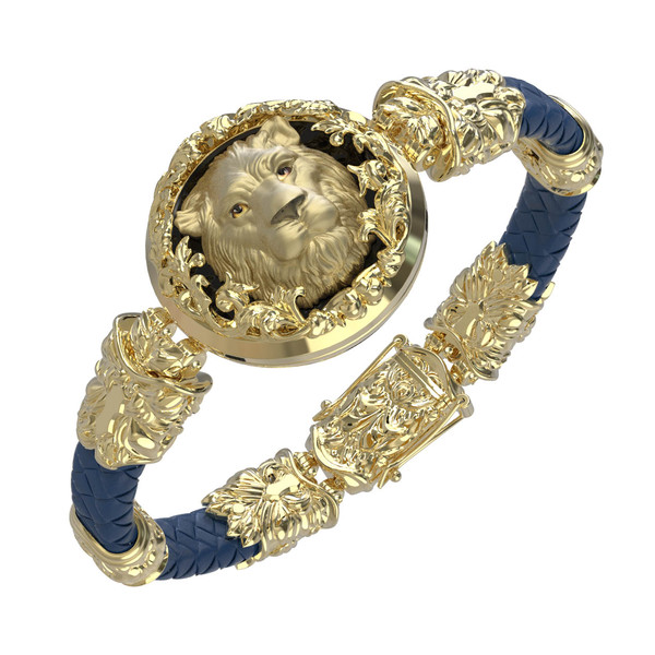 Браслет из лимонного золота c эмаль , кожаным шнурком и ониксом