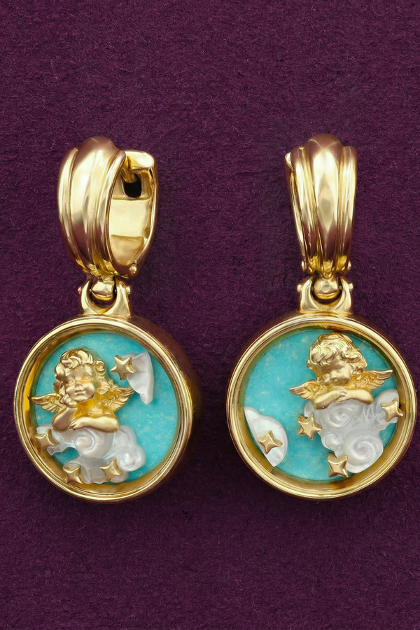 Серьги из лимонного золота c бирюзой и перламутром