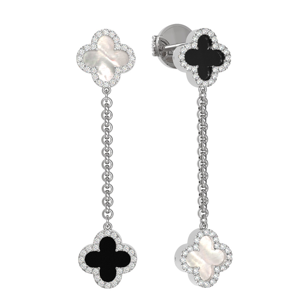 Серьги из белого золота c бриллиантами, ониксом и перламутром