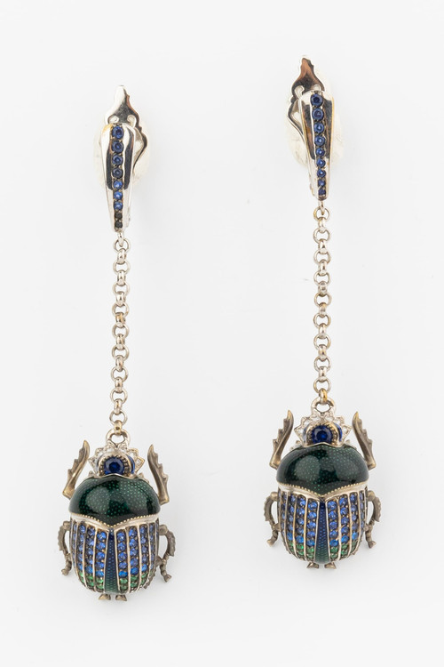 Серьги из белого золота c эмаль , фианитом и сапфиром