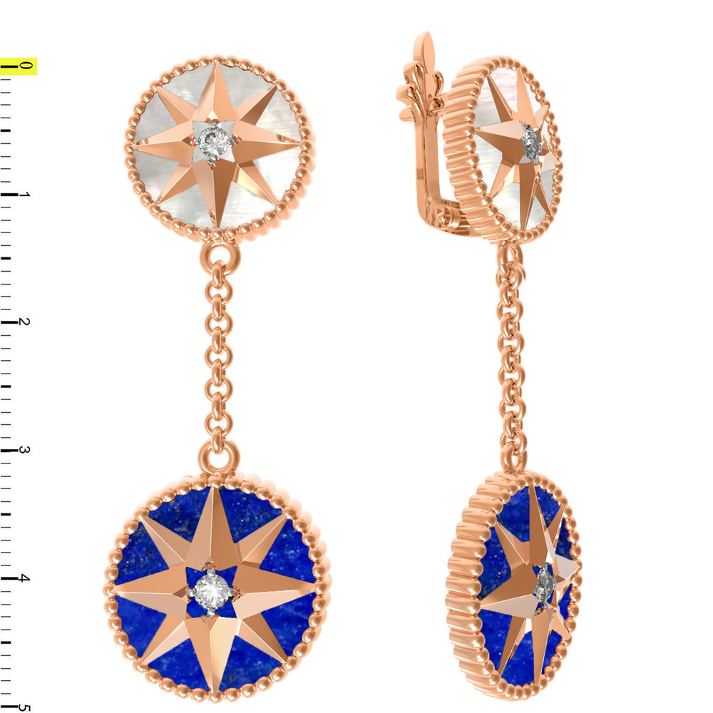 Серьги из золота c фианитом, лазуритом и перламутром