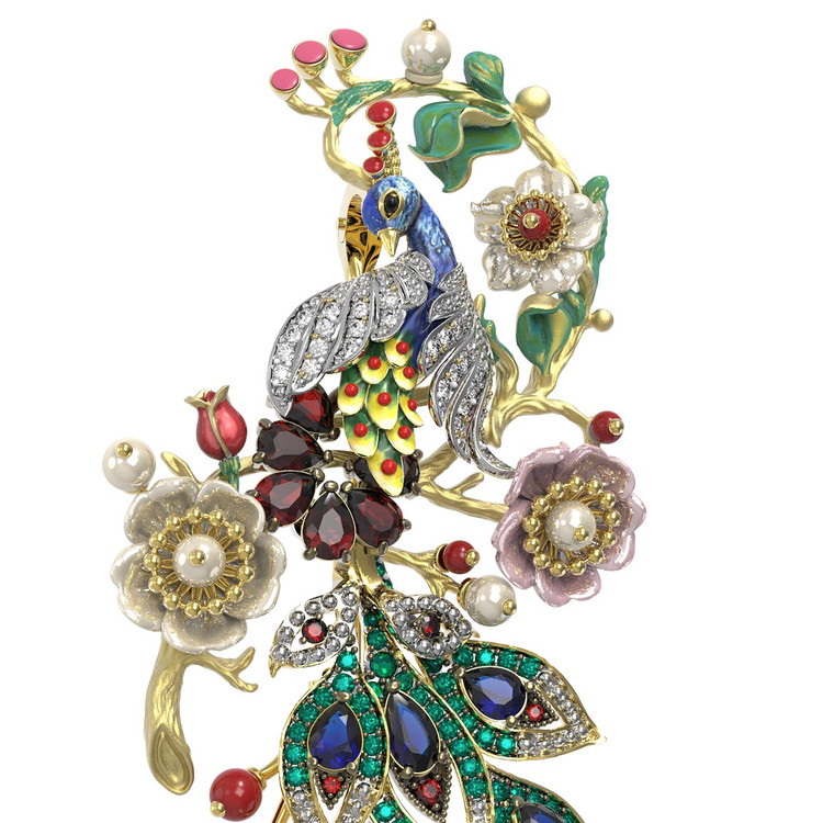 Брошь из лимонного золота c эмаль , фианитом, гранатом, жемчугом, сапфиром, кораллом и перламутром