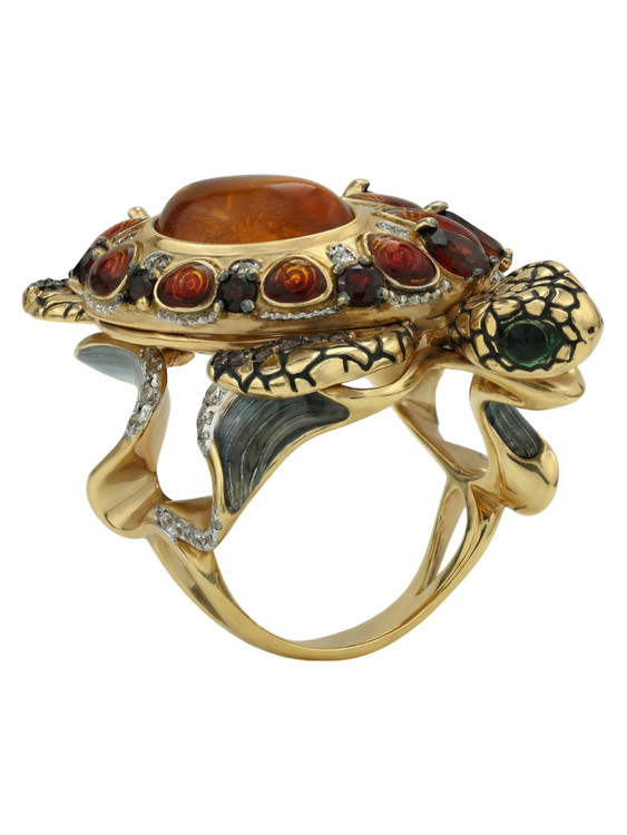 Кольцо из лимонного золота c эмаль , фианитом, гранатом и янтарём
