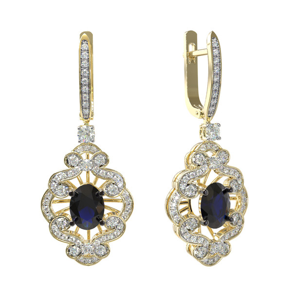 Серьги из лимонного золота c бриллиантами и сапфиром