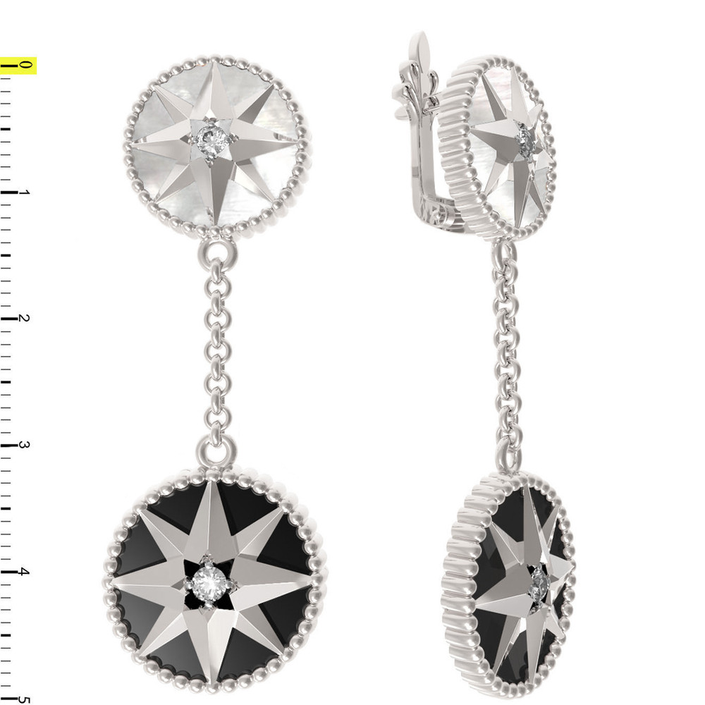 Серьги из белого золота c фианитом, ониксом и перламутром