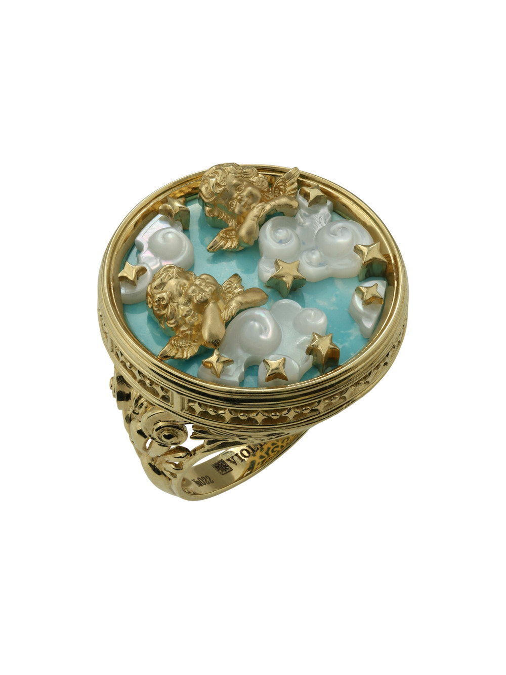 Кольцо из лимонного золота c бирюзой и перламутром