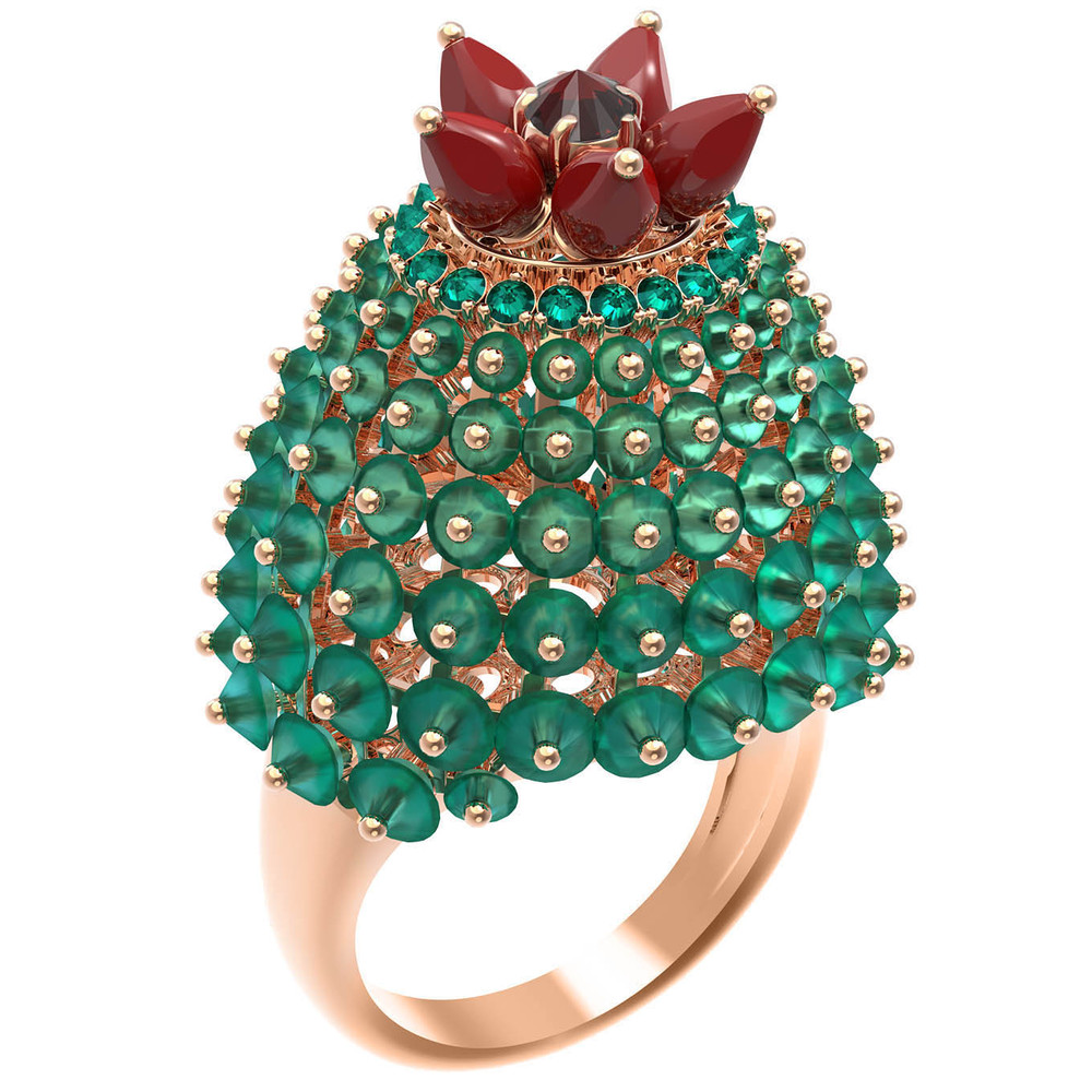 Кольцо из золота c гранатом, хризопразом, изумрудом и кораллом