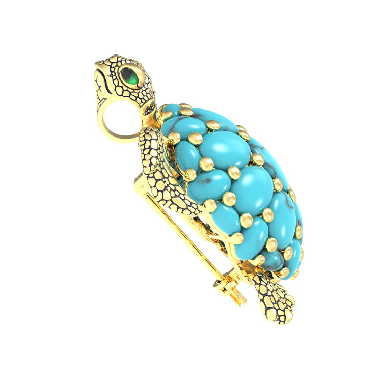 Брошь из лимонного золота c эмаль и бирюзой