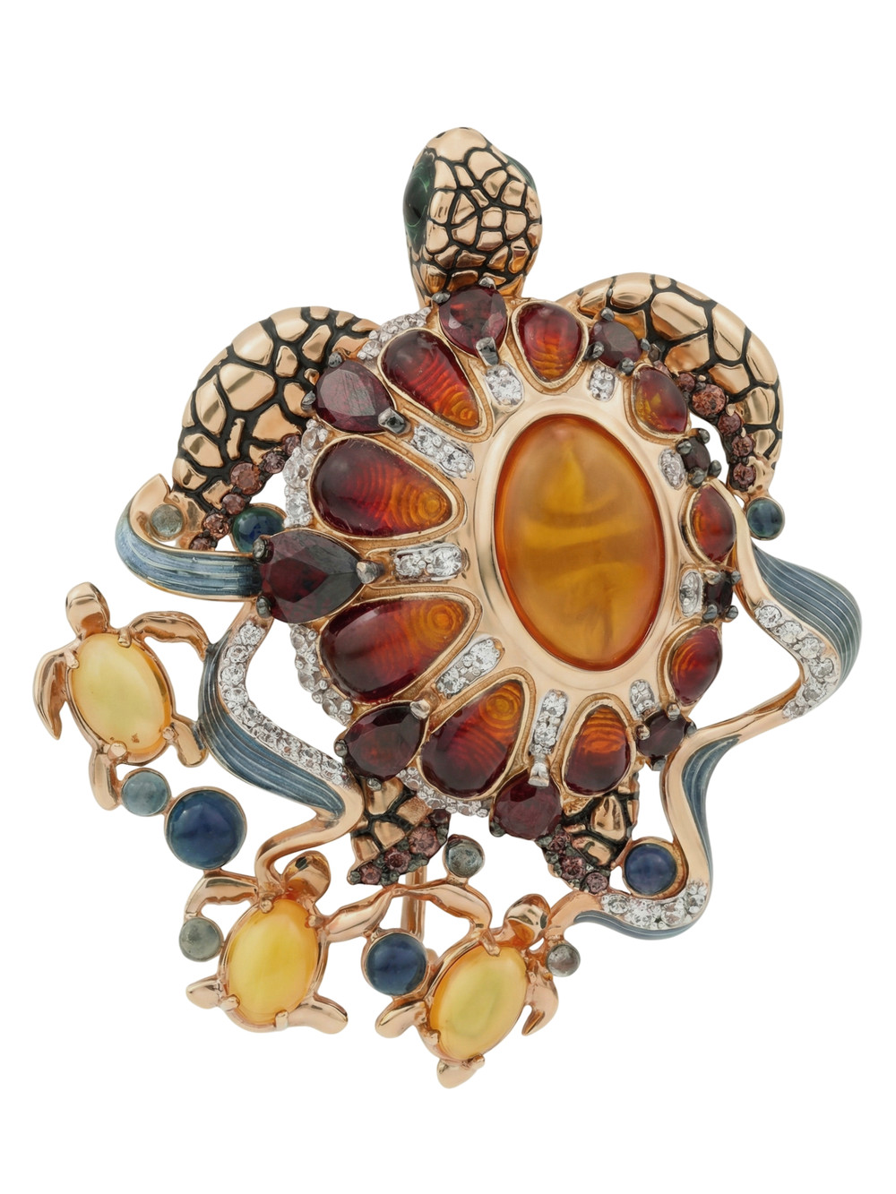 Брошь из золота c эмаль , фианитом, гранатом и янтарём