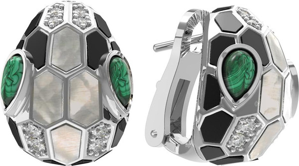 Серьги из белого золота c бриллиантами, рубином, ониксом, малахитом и перламутром