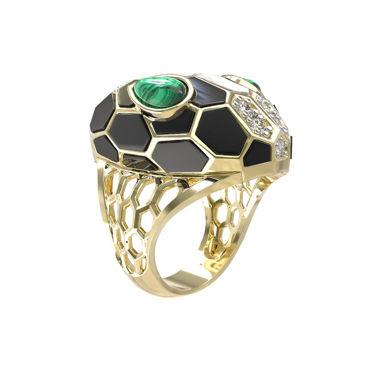 Кольцо из лимонного золота c бриллиантами, рубином, ониксом, малахитом и перламутром