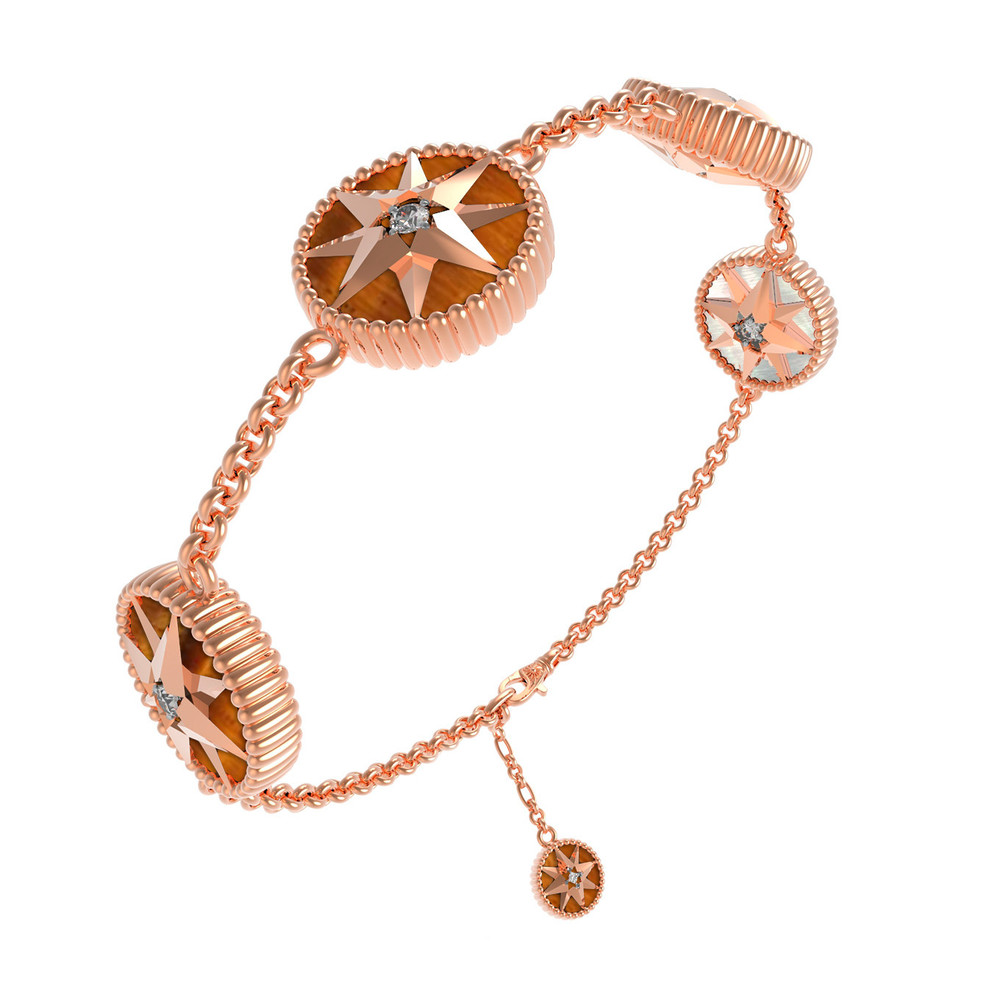 Браслет из золота c фианитом, тигровым глазом и перламутром