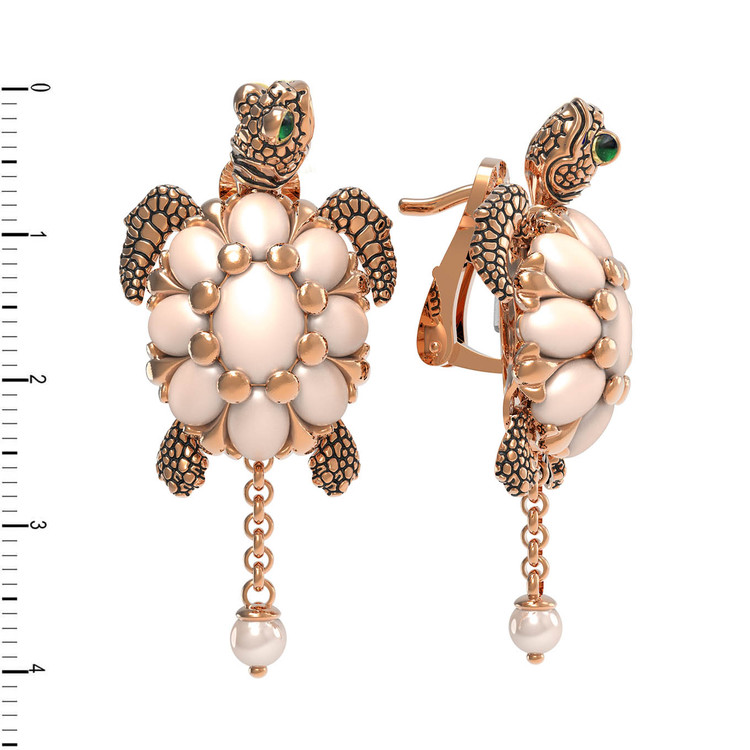 Серьги из золота c эмаль , жемчугом и бивнем мамонта