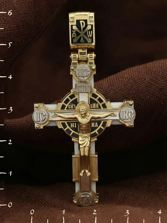 Крест из лимонного золота c эмаль и бивнем мамонта