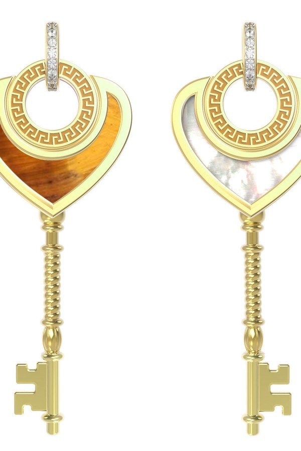 Подвеска из лимонного золота c фианитом, тигровым глазом и перламутром