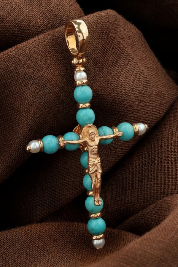 Крест из золота c жемчугом и бирюзой