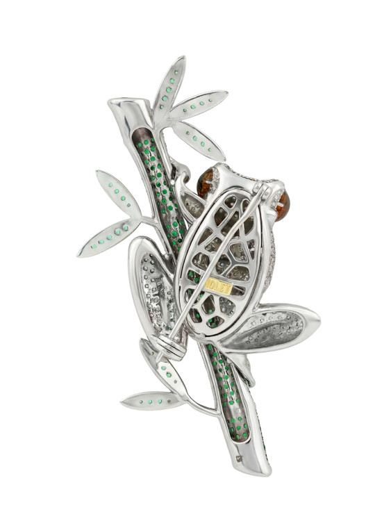 Брошь из белого золота c эмаль , фианитом и дымчатым кварцем