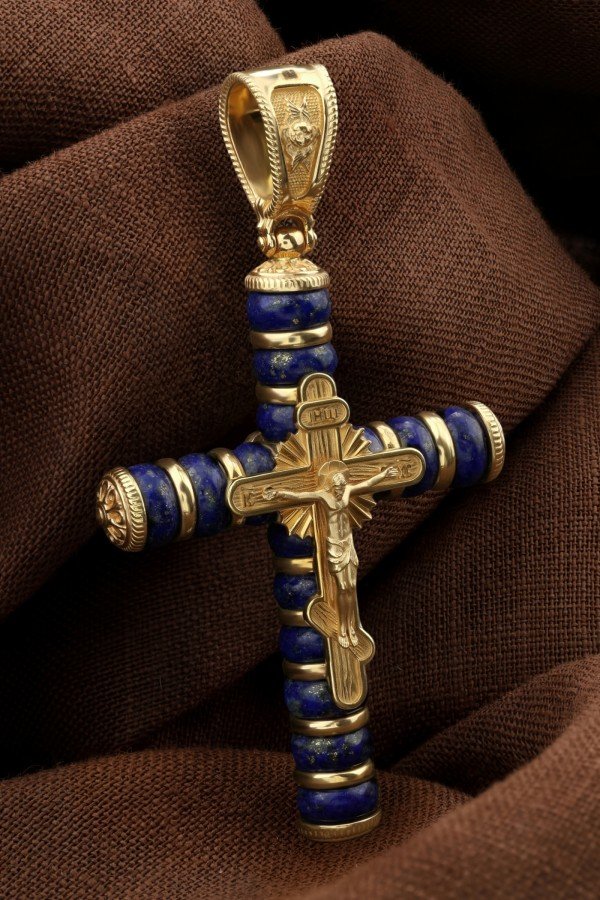 Крест из лимонного золота c лазуритом