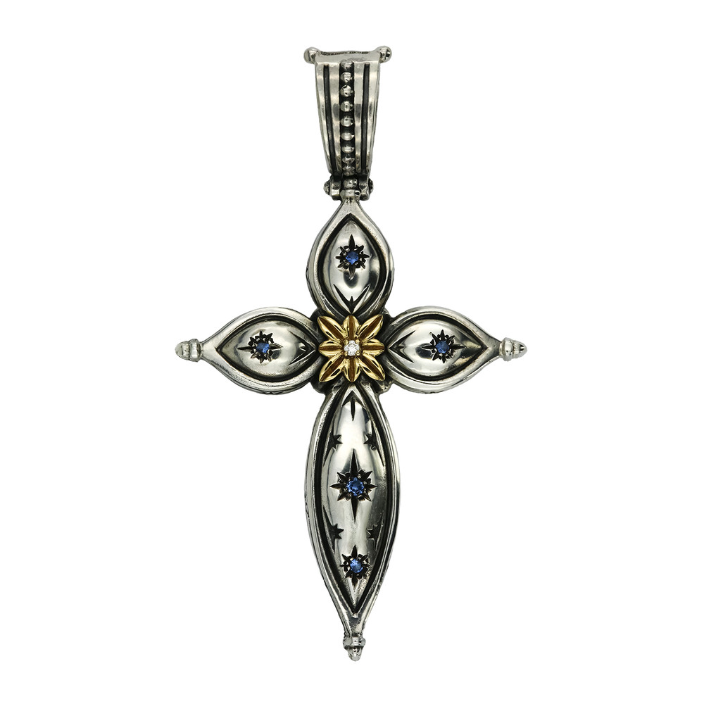 Крест из серебра и золота c фианитом, бриллиантами и рубином