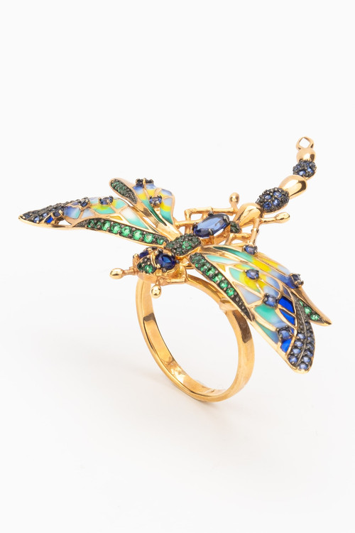 Кольцо из золота c фианитом, сапфиром и эмалью